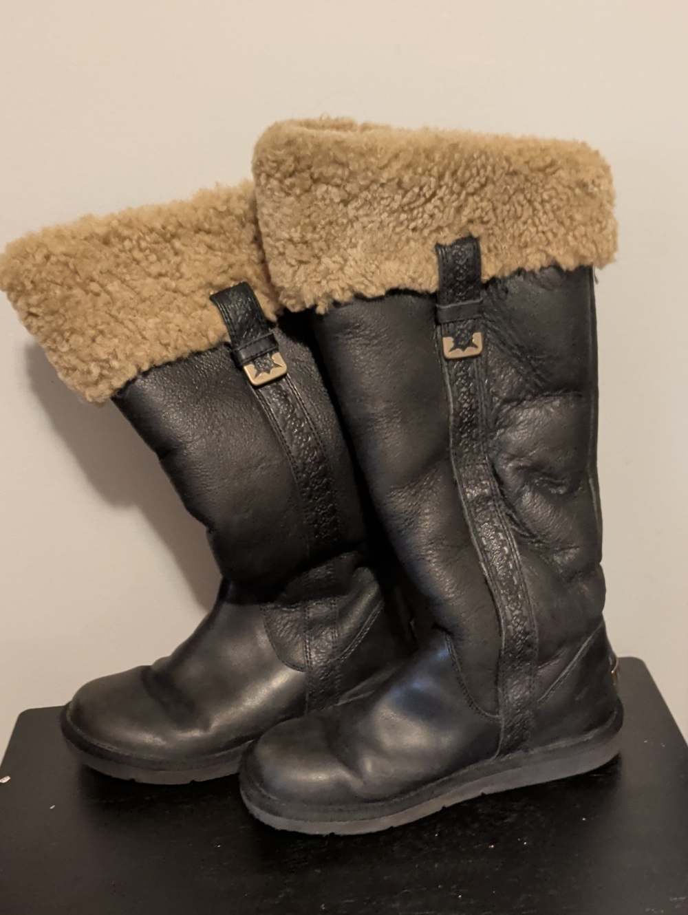 UGG Black Leather Tall Boots with Tan Shearling Cuff